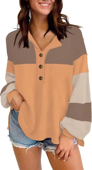 Disamer Sweatshirts for Womens Long Sleeve V Neck Striped Fashion Oversized T Shirts Casual Button Down Henley Neck Tops