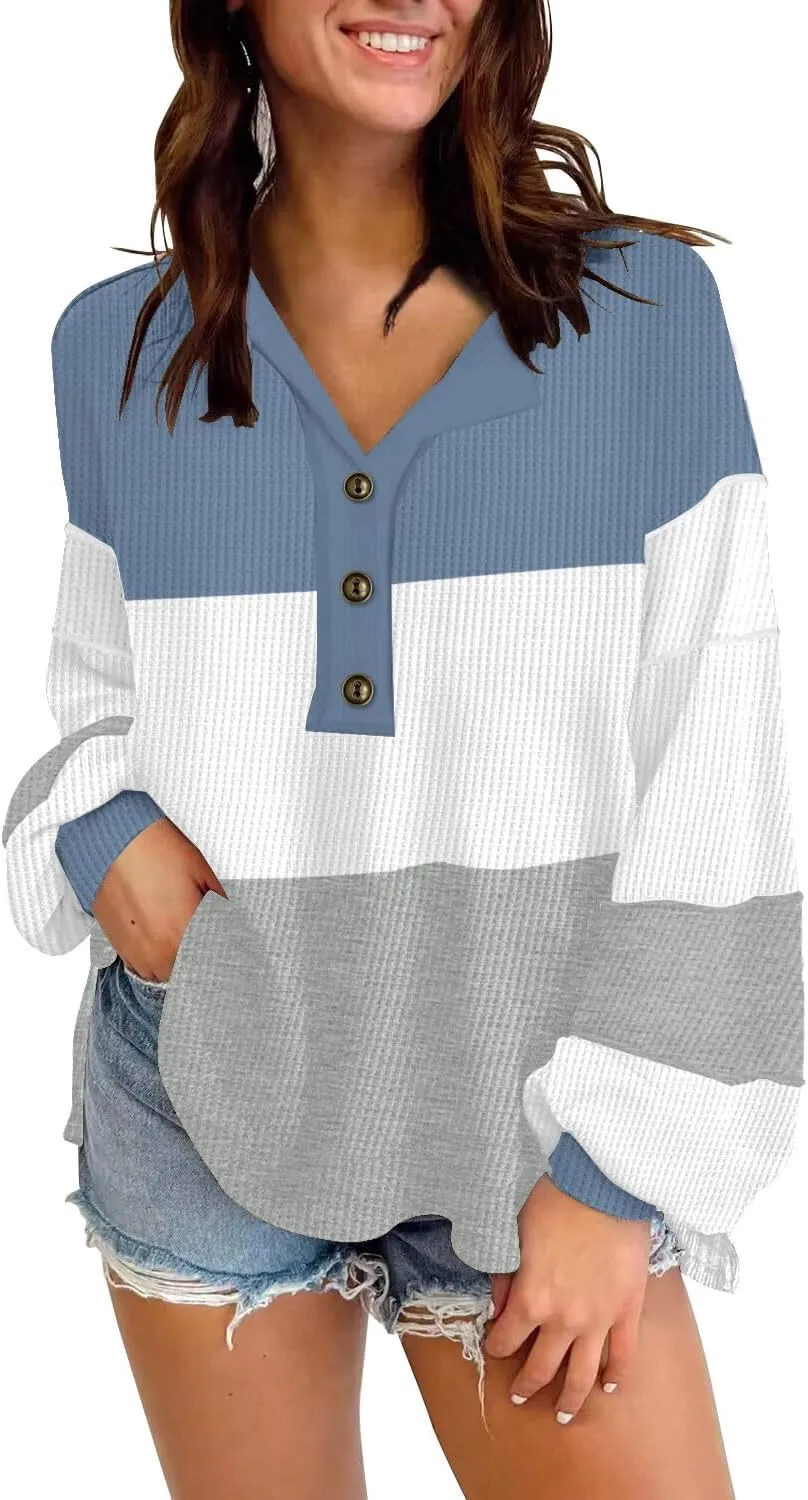 Disamer Sweatshirts for Womens Long Sleeve V Neck Striped Fashion Oversized T Shirts Casual Button Down Henley Neck Tops