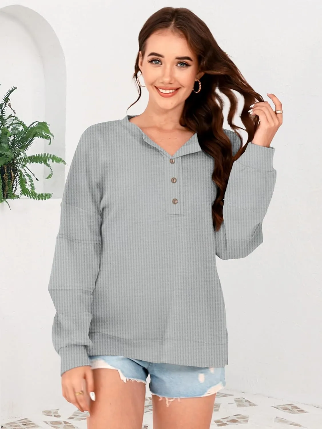 Disamer Sweatshirts for Womens Long Sleeve V Neck Striped Fashion Oversized T Shirts Casual Button Down Henley Neck Tops