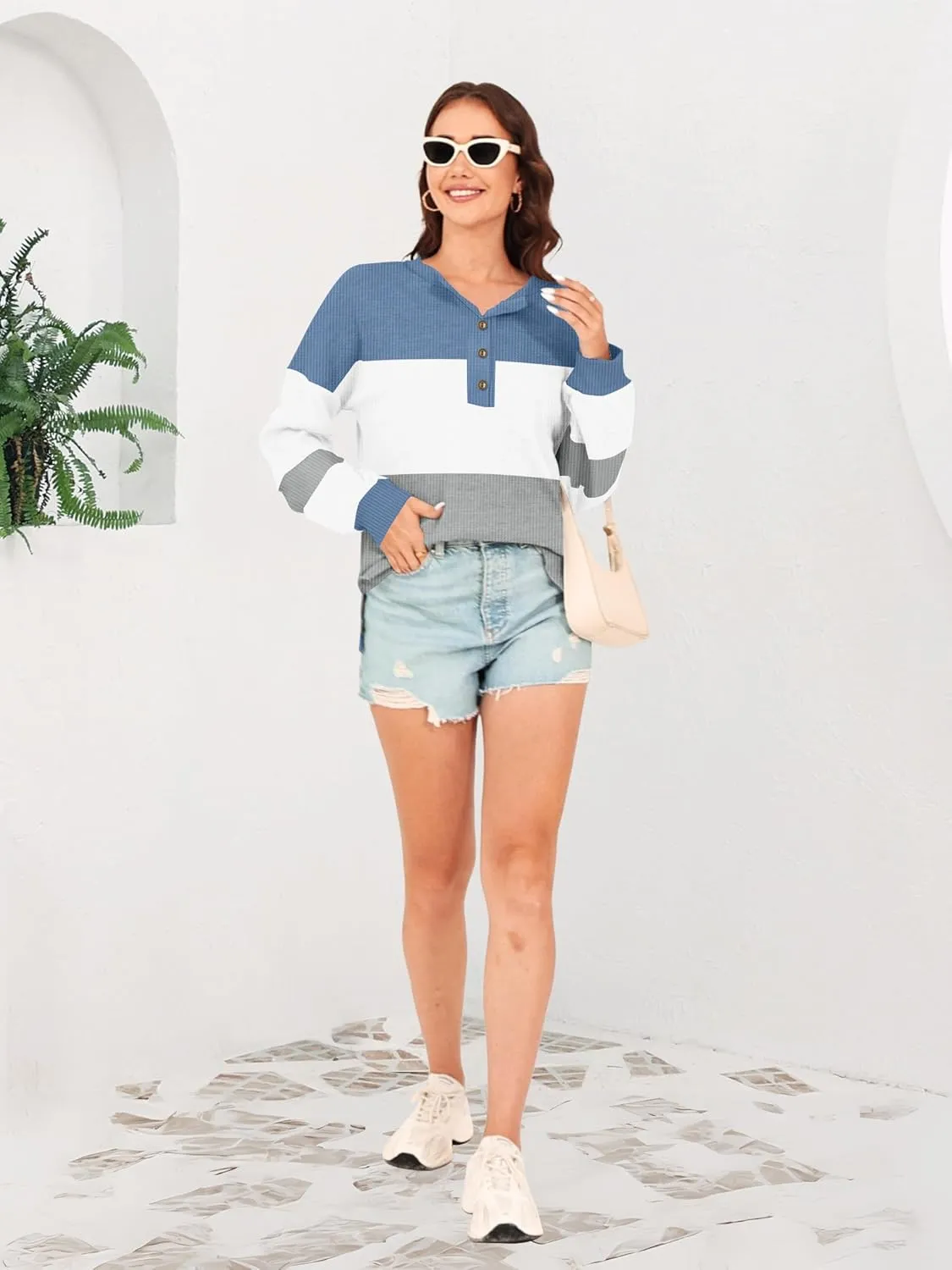 Disamer Sweatshirts for Womens Long Sleeve V Neck Striped Fashion Oversized T Shirts Casual Button Down Henley Neck Tops