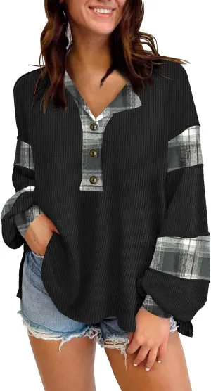 Disamer Sweatshirts for Womens Long Sleeve V Neck Striped Fashion Oversized T Shirts Casual Button Down Henley Neck Tops