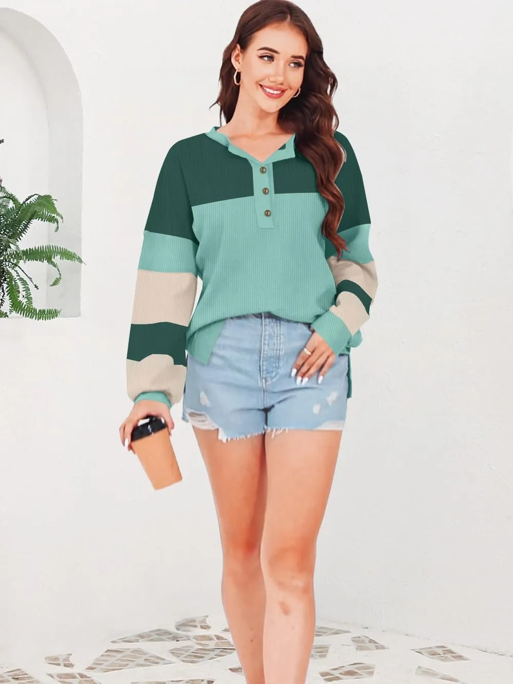 Disamer Sweatshirts for Womens Long Sleeve V Neck Striped Fashion Oversized T Shirts Casual Button Down Henley Neck Tops
