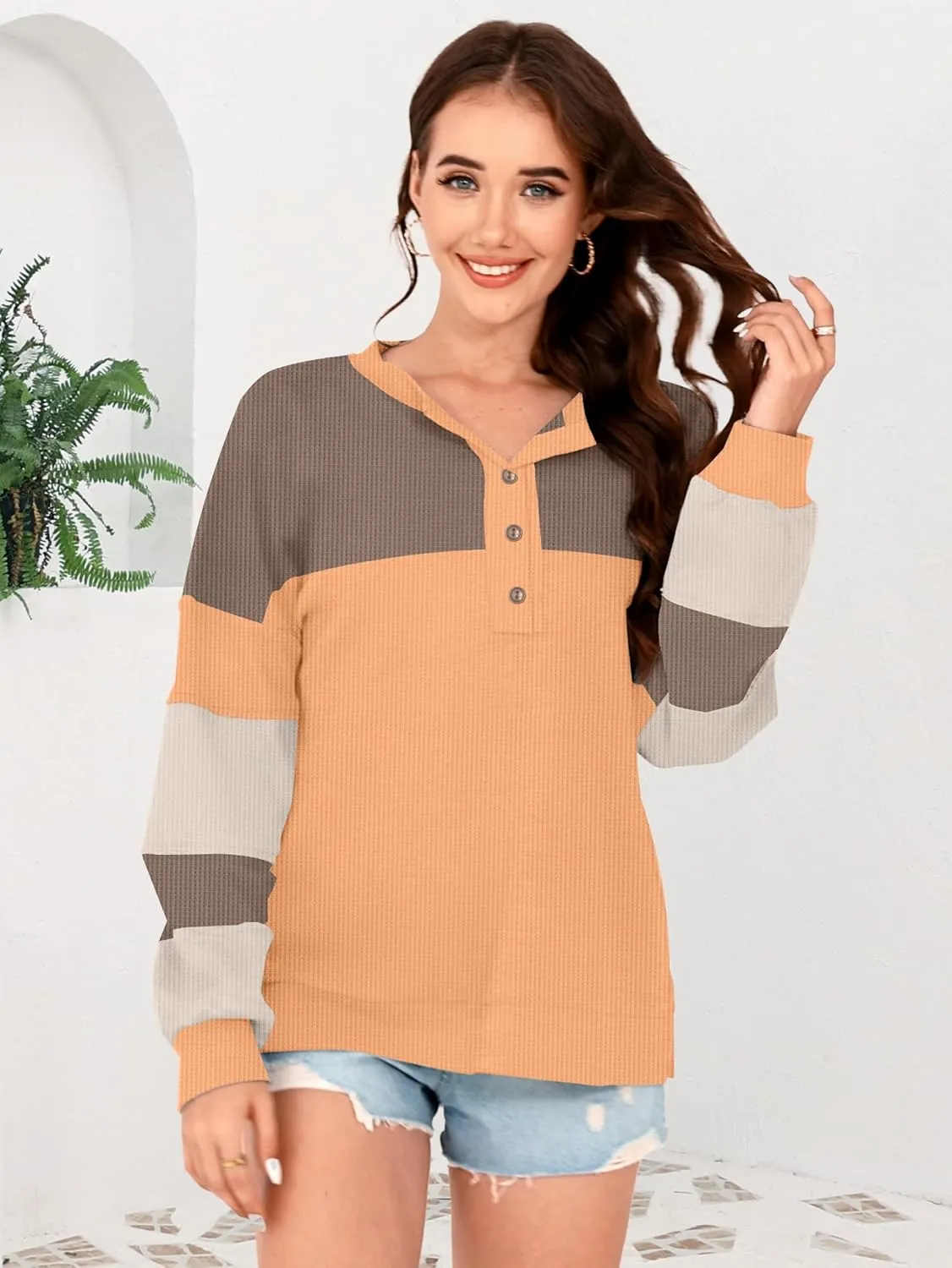 Disamer Sweatshirts for Womens Long Sleeve V Neck Striped Fashion Oversized T Shirts Casual Button Down Henley Neck Tops