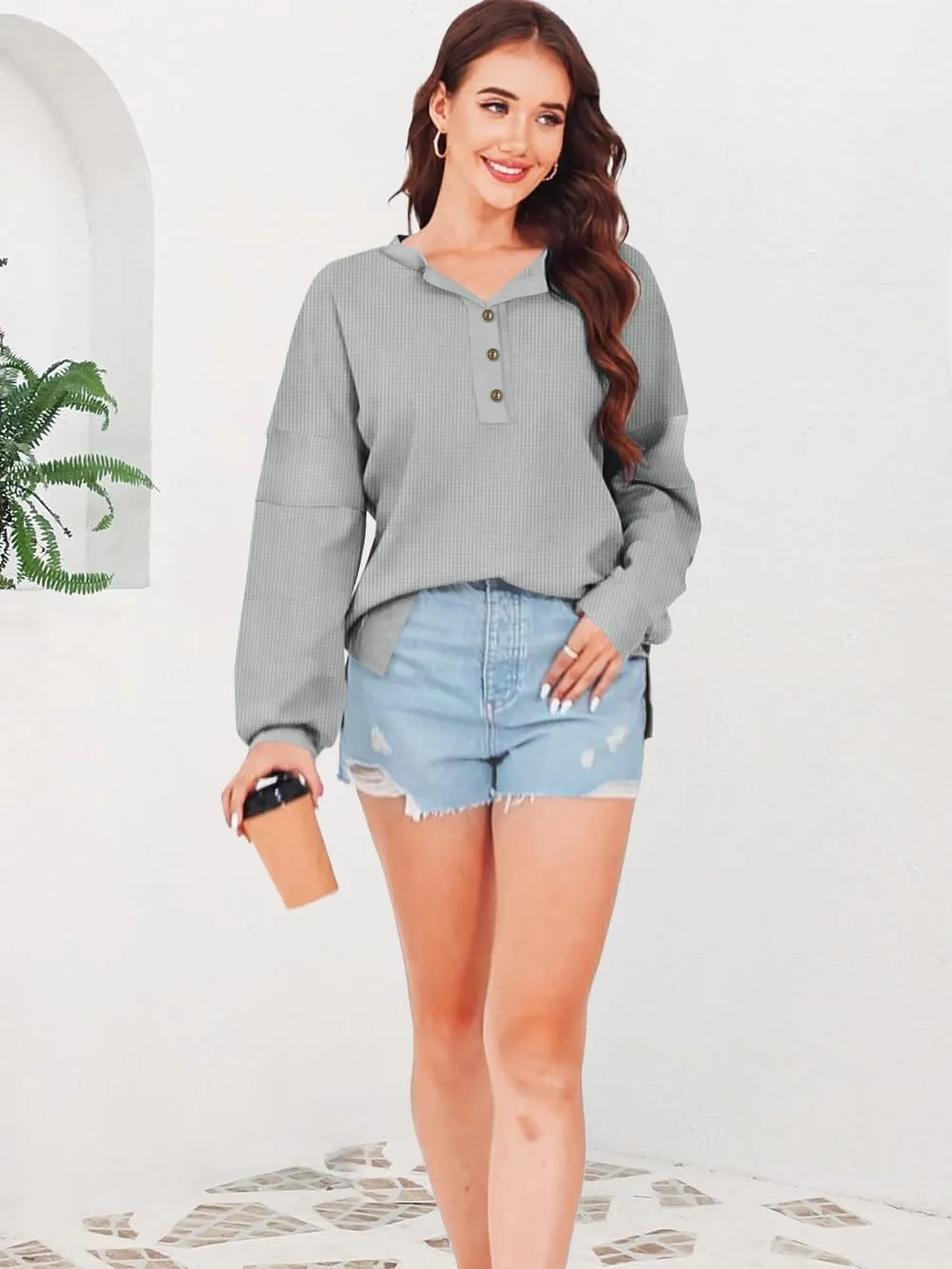 Disamer Sweatshirts for Womens Long Sleeve V Neck Striped Fashion Oversized T Shirts Casual Button Down Henley Neck Tops