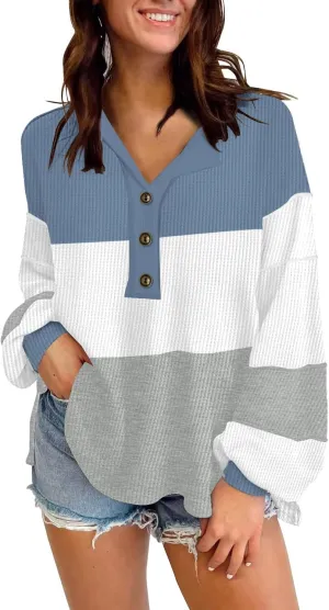 Disamer Sweatshirts for Womens Long Sleeve V Neck Striped Fashion Oversized T Shirts Casual Button Down Henley Neck Tops