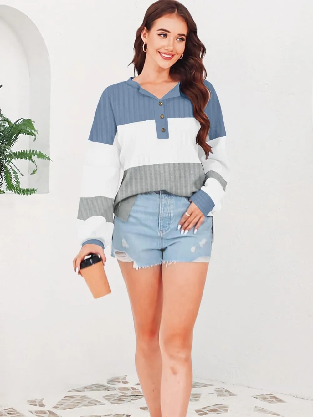 Disamer Sweatshirts for Womens Long Sleeve V Neck Striped Fashion Oversized T Shirts Casual Button Down Henley Neck Tops