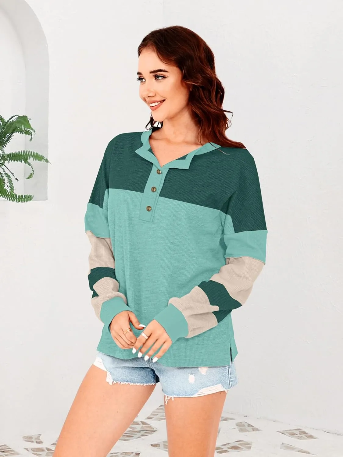 Disamer Sweatshirts for Womens Long Sleeve V Neck Striped Fashion Oversized T Shirts Casual Button Down Henley Neck Tops
