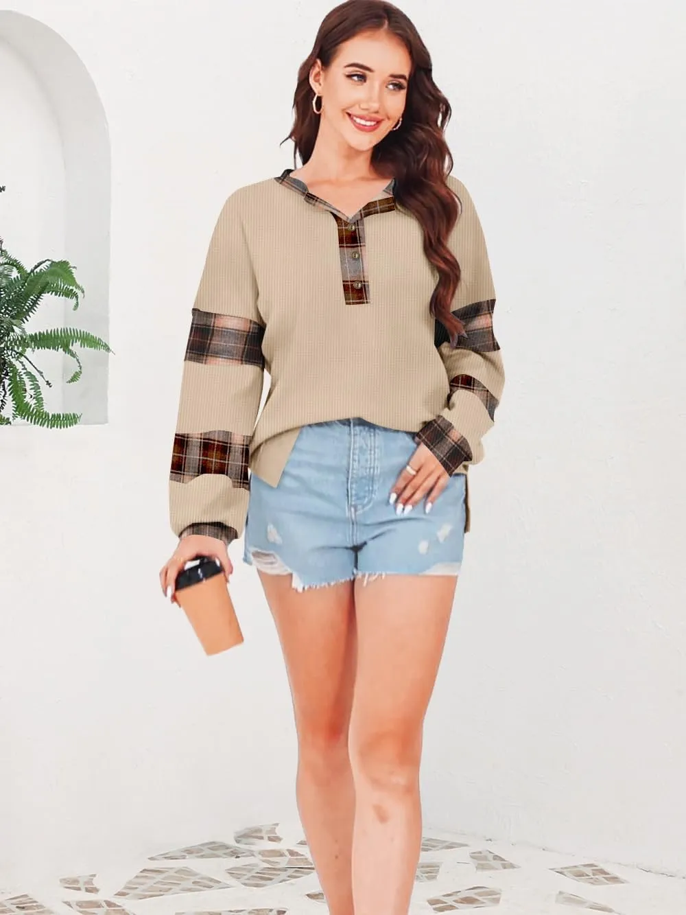 Disamer Sweatshirts for Womens Long Sleeve V Neck Striped Fashion Oversized T Shirts Casual Button Down Henley Neck Tops