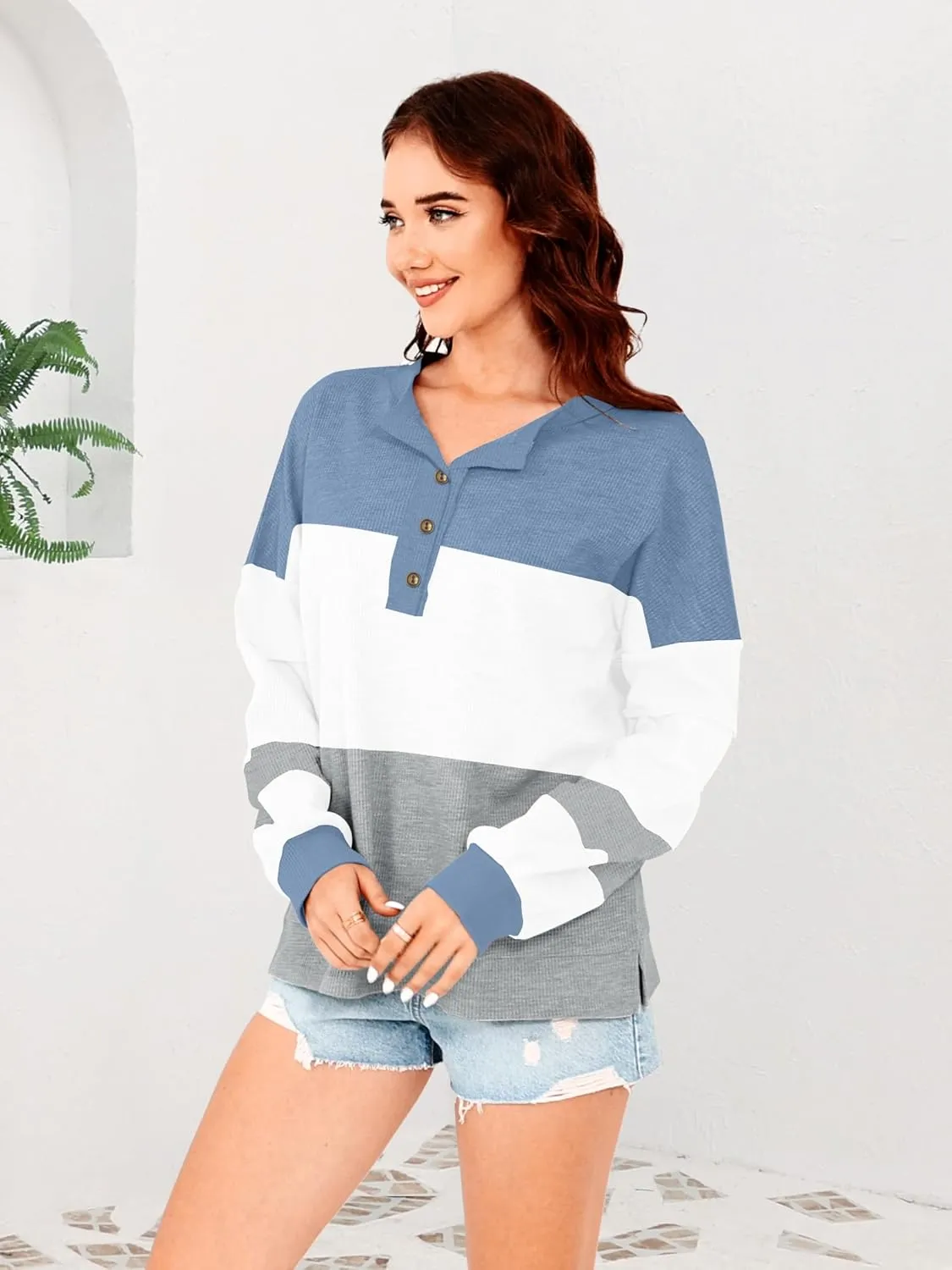 Disamer Sweatshirts for Womens Long Sleeve V Neck Striped Fashion Oversized T Shirts Casual Button Down Henley Neck Tops