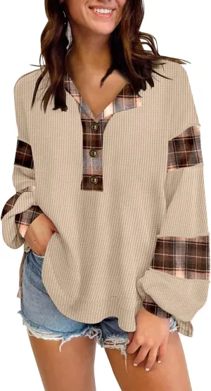 Disamer Sweatshirts for Womens Long Sleeve V Neck Striped Fashion Oversized T Shirts Casual Button Down Henley Neck Tops