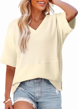 Dokotoo Oversized Tshirts for Women V-Neck Summer Tops Short Sleeve Fluffy Touch Waffle Casual Loose Fit Blouse