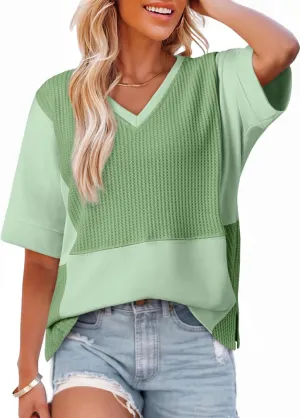 Dokotoo Oversized Tshirts for Women V-Neck Summer Tops Short Sleeve Fluffy Touch Waffle Casual Loose Fit Blouse