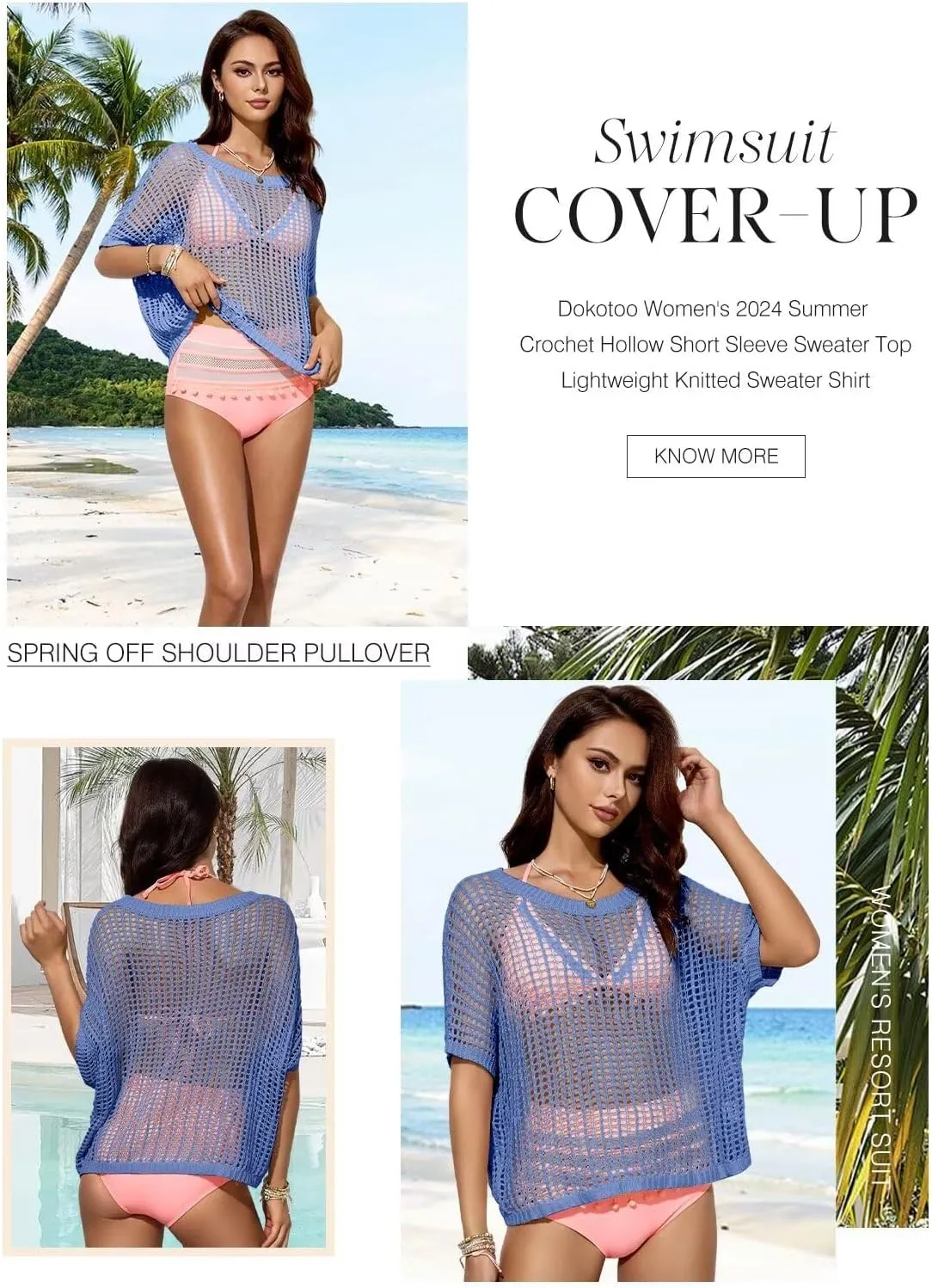 Dokotoo Womens Summer Scoop Neck Short Sleeve Sweater Casual Crochet Hollow Out Knit Tops Pullover Shirts Beach Coverup