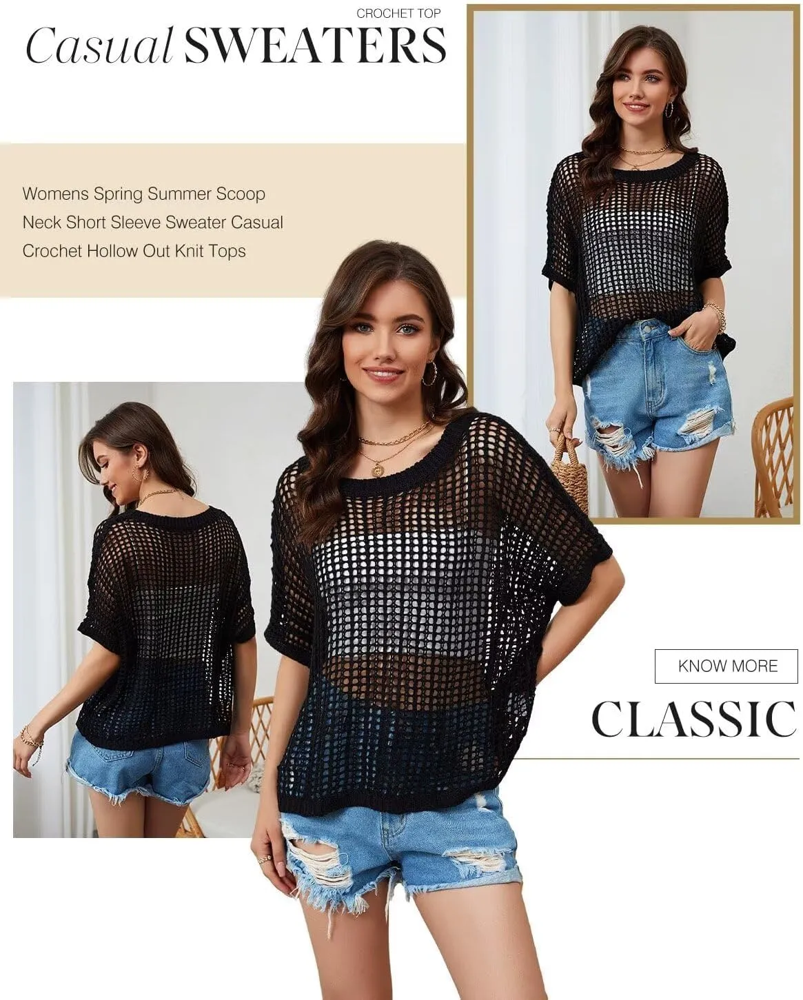 Dokotoo Womens Summer Scoop Neck Short Sleeve Sweater Casual Crochet Hollow Out Knit Tops Pullover Shirts Beach Coverup