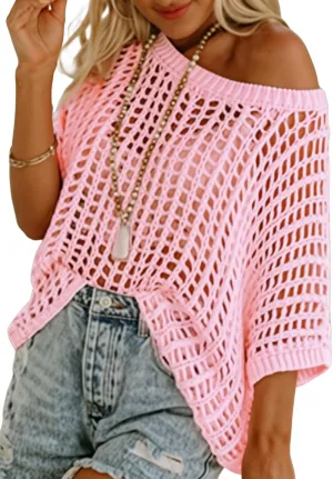 Dokotoo Womens Summer Scoop Neck Short Sleeve Sweater Casual Crochet Hollow Out Knit Tops Pullover Shirts Beach Coverup