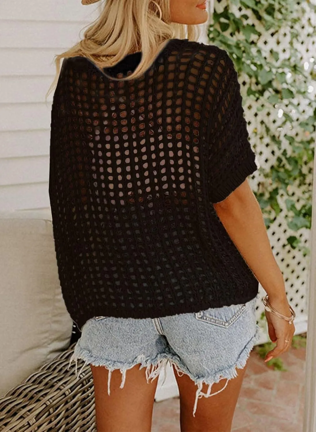 Dokotoo Womens Summer Scoop Neck Short Sleeve Sweater Casual Crochet Hollow Out Knit Tops Pullover Shirts Beach Coverup