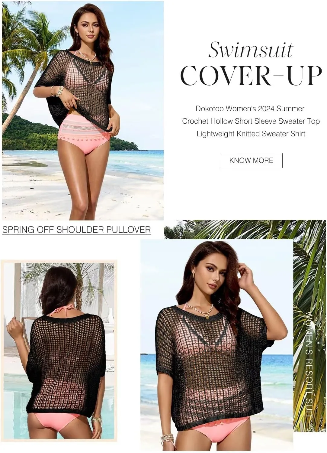 Dokotoo Womens Summer Scoop Neck Short Sleeve Sweater Casual Crochet Hollow Out Knit Tops Pullover Shirts Beach Coverup