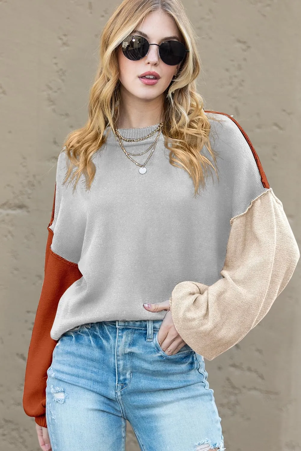 Dokotoo Women's Sweaters Colorblock Crewneck Cotton Long Sleeve Fall Winter Knit Pullover Jumper Tops