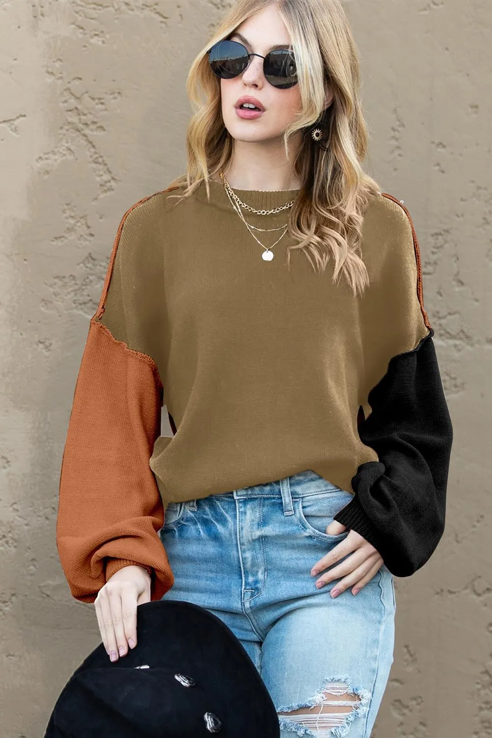 Dokotoo Women's Sweaters Colorblock Crewneck Cotton Long Sleeve Fall Winter Knit Pullover Jumper Tops