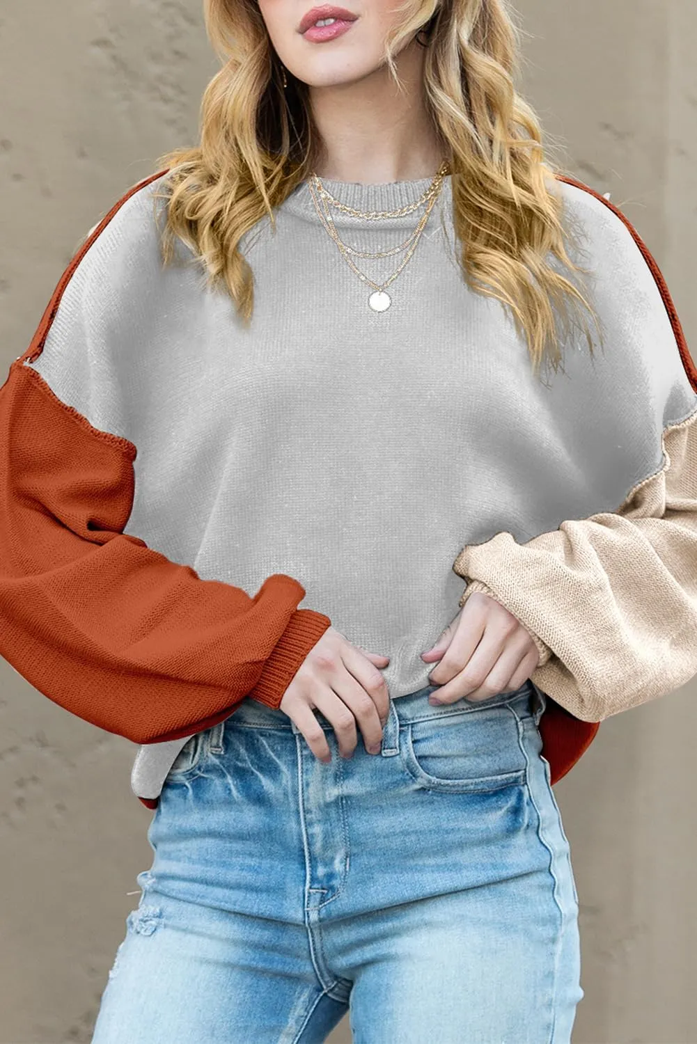 Dokotoo Women's Sweaters Colorblock Crewneck Cotton Long Sleeve Fall Winter Knit Pullover Jumper Tops
