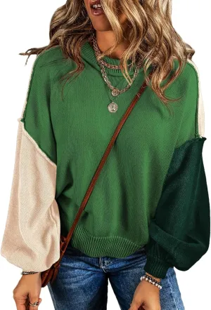Dokotoo Women's Sweaters Colorblock Crewneck Cotton Long Sleeve Fall Winter Knit Pullover Jumper Tops