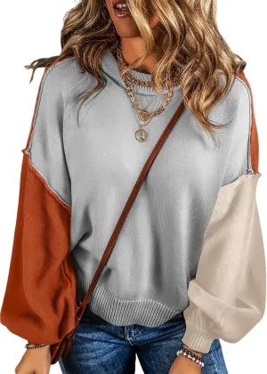Dokotoo Women's Sweaters Colorblock Crewneck Cotton Long Sleeve Fall Winter Knit Pullover Jumper Tops