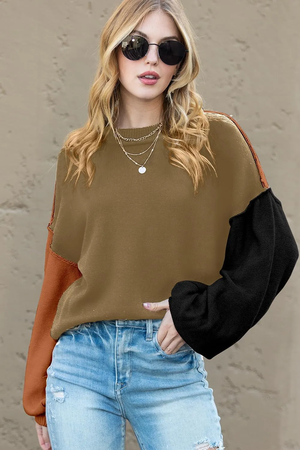 Dokotoo Women's Sweaters Colorblock Crewneck Cotton Long Sleeve Fall Winter Knit Pullover Jumper Tops