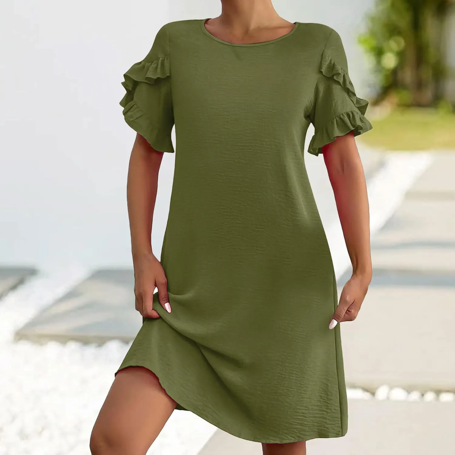 Dresses for Women Ruffle Short Sleeve Dress Summer A Line Mini Solid Dresses Casual Shift Dress Beach Sundress 2025