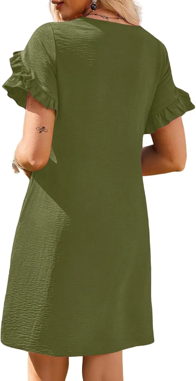Dresses for Women Ruffle Short Sleeve Dress Summer A Line Mini Solid Dresses Casual Shift Dress Beach Sundress 2025