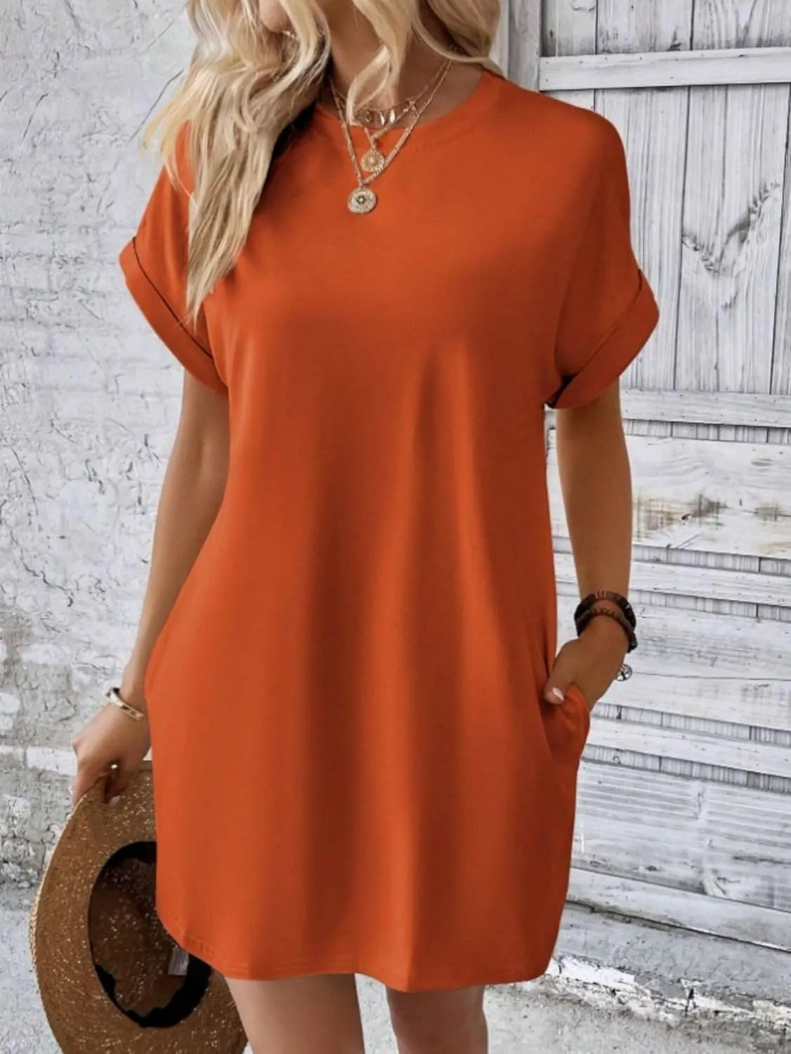 Dresses for Women Summer Batwing Sleeve Crew Neck Mini Dress Solid Color Casual Dressy Sundress Loose Fit Dresses