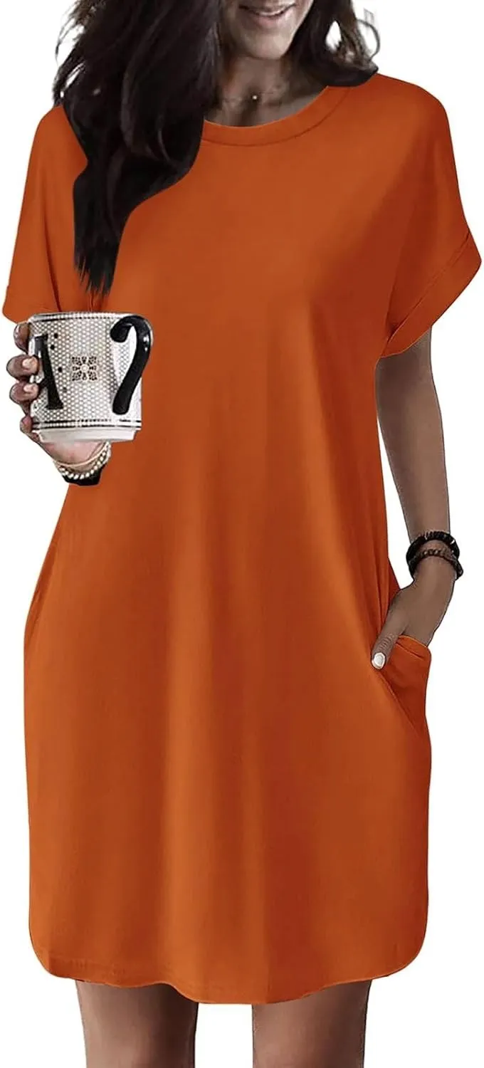 Dresses for Women Summer Batwing Sleeve Crew Neck Mini Dress Solid Color Casual Dressy Sundress Loose Fit Dresses