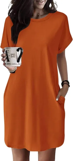 Dresses for Women Summer Batwing Sleeve Crew Neck Mini Dress Solid Color Casual Dressy Sundress Loose Fit Dresses