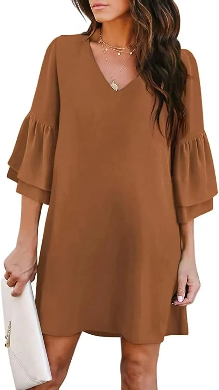Dresses for Women Summer Flare Sleeve V Neck Loose Fit Mini Dress A Line Casual Plus Size Sundress 2025
