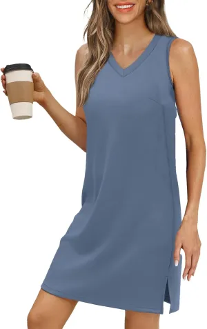 Dresses for Women Summer Sleeveless V Neck Sundresses Solid Color Casual Mini Dress Side Split Tank Dresses 2025