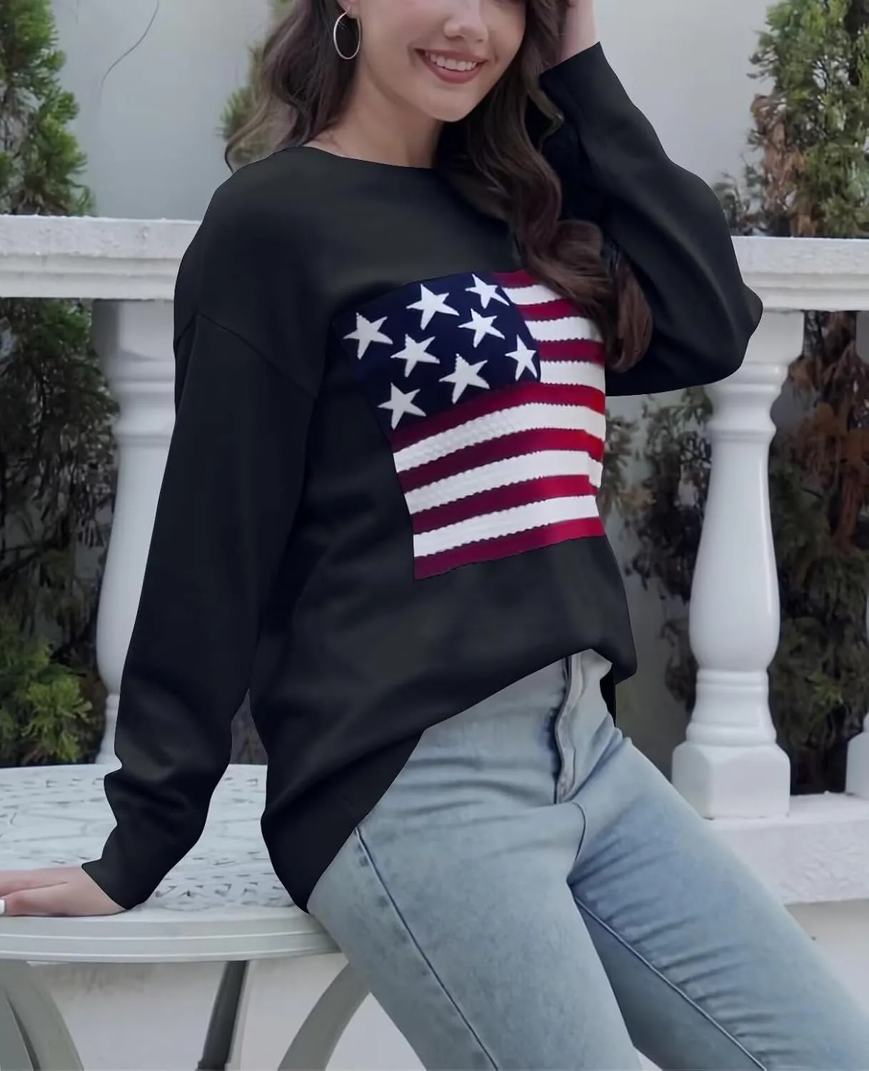 Dressmine Womens American Flag Sweater Knit Long Sleeve Crew Neck Graphic Elegant Soft Loose Pullover