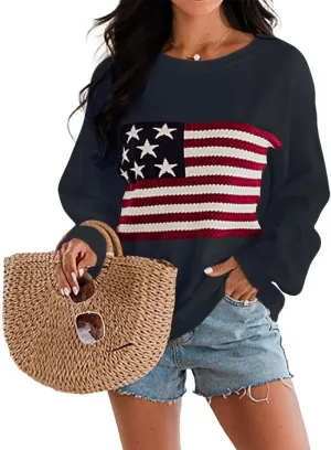 Dressmine Womens American Flag Sweater Knit Long Sleeve Crew Neck Graphic Elegant Soft Loose Pullover
