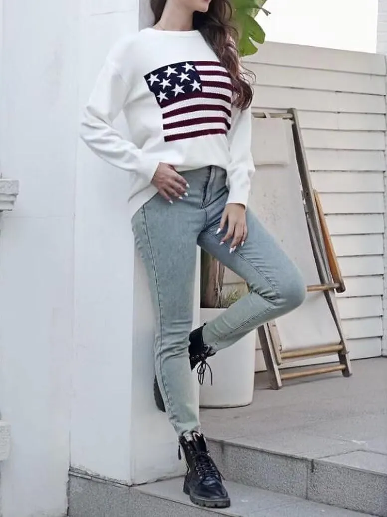 Dressmine Womens American Flag Sweater Knit Long Sleeve Crew Neck Graphic Elegant Soft Loose Pullover