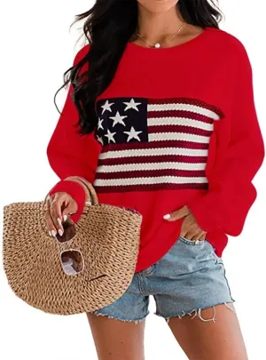 Dressmine Womens American Flag Sweater Knit Long Sleeve Crew Neck Graphic Elegant Soft Loose Pullover