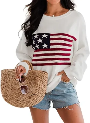 Dressmine Womens American Flag Sweater Knit Long Sleeve Crew Neck Graphic Elegant Soft Loose Pullover