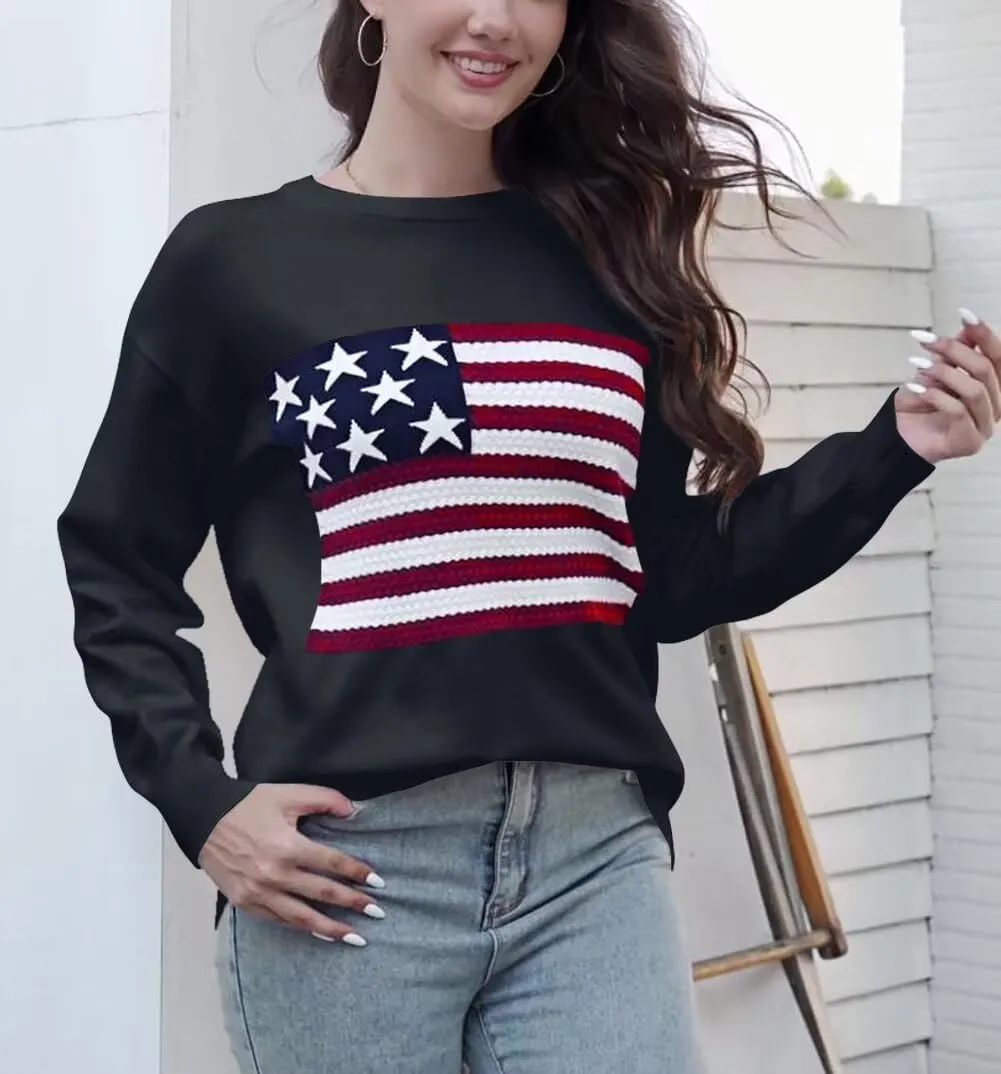 Dressmine Womens American Flag Sweater Knit Long Sleeve Crew Neck Graphic Elegant Soft Loose Pullover