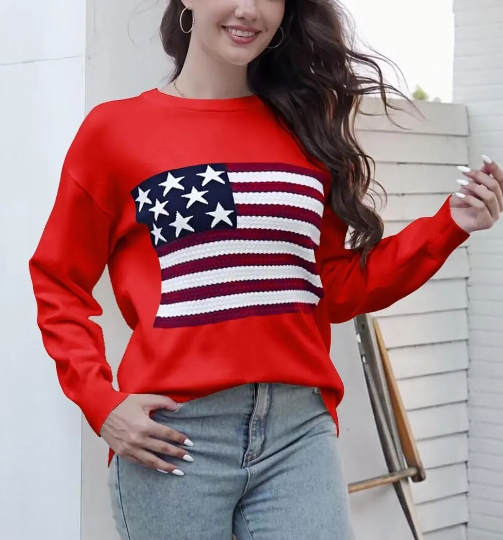 Dressmine Womens American Flag Sweater Knit Long Sleeve Crew Neck Graphic Elegant Soft Loose Pullover