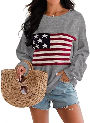 Dressmine Womens American Flag Sweater Knit Long Sleeve Crew Neck Graphic Elegant Soft Loose Pullover