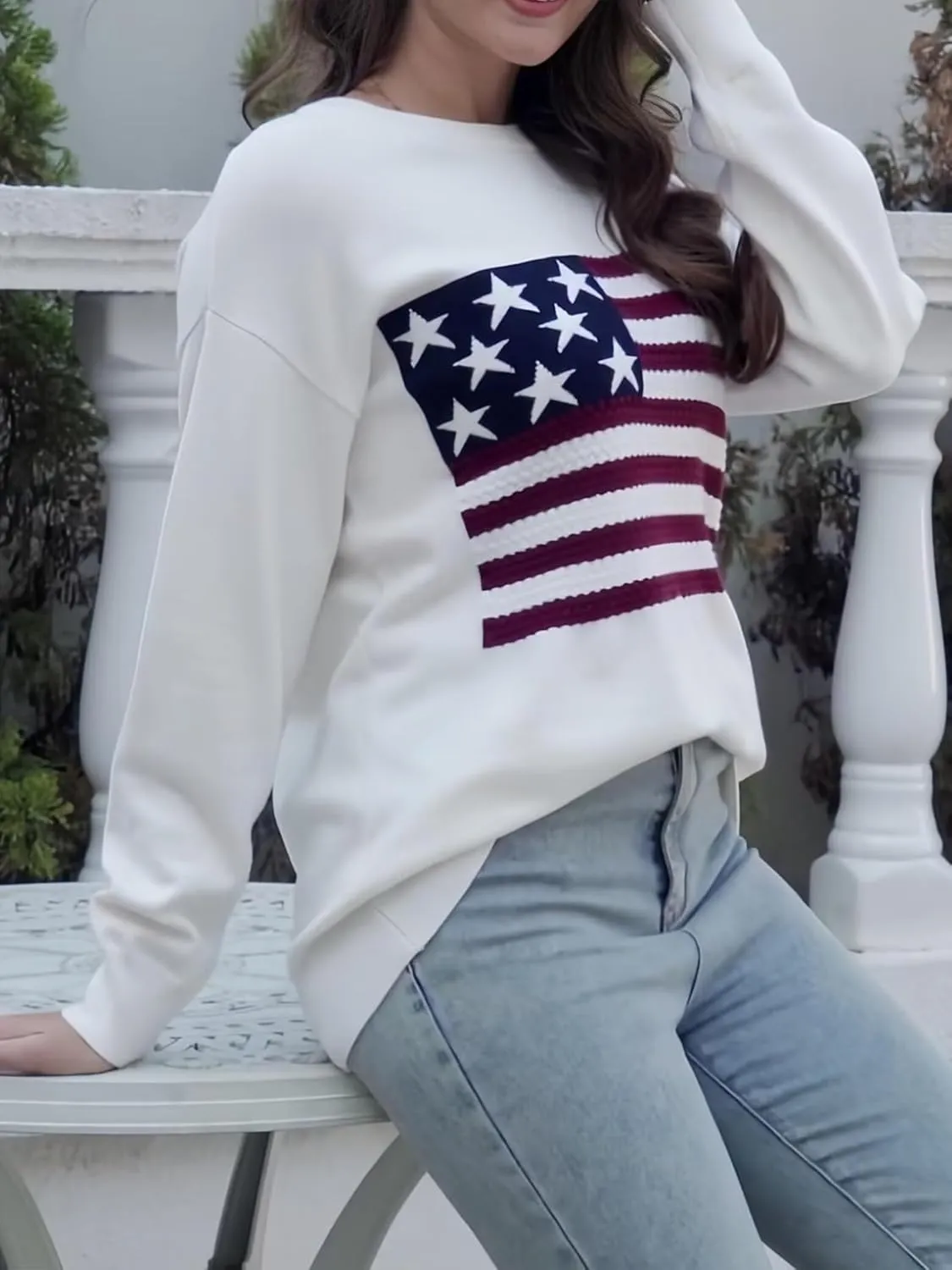 Dressmine Womens American Flag Sweater Knit Long Sleeve Crew Neck Graphic Elegant Soft Loose Pullover