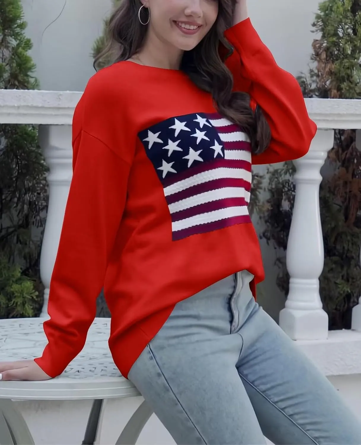 Dressmine Womens American Flag Sweater Knit Long Sleeve Crew Neck Graphic Elegant Soft Loose Pullover