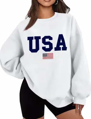 Dressmine Womens USA Shirt Casual Long Sleeve Graphic Tees Knit Crew Neck Sweatshirts Loose Pullover
