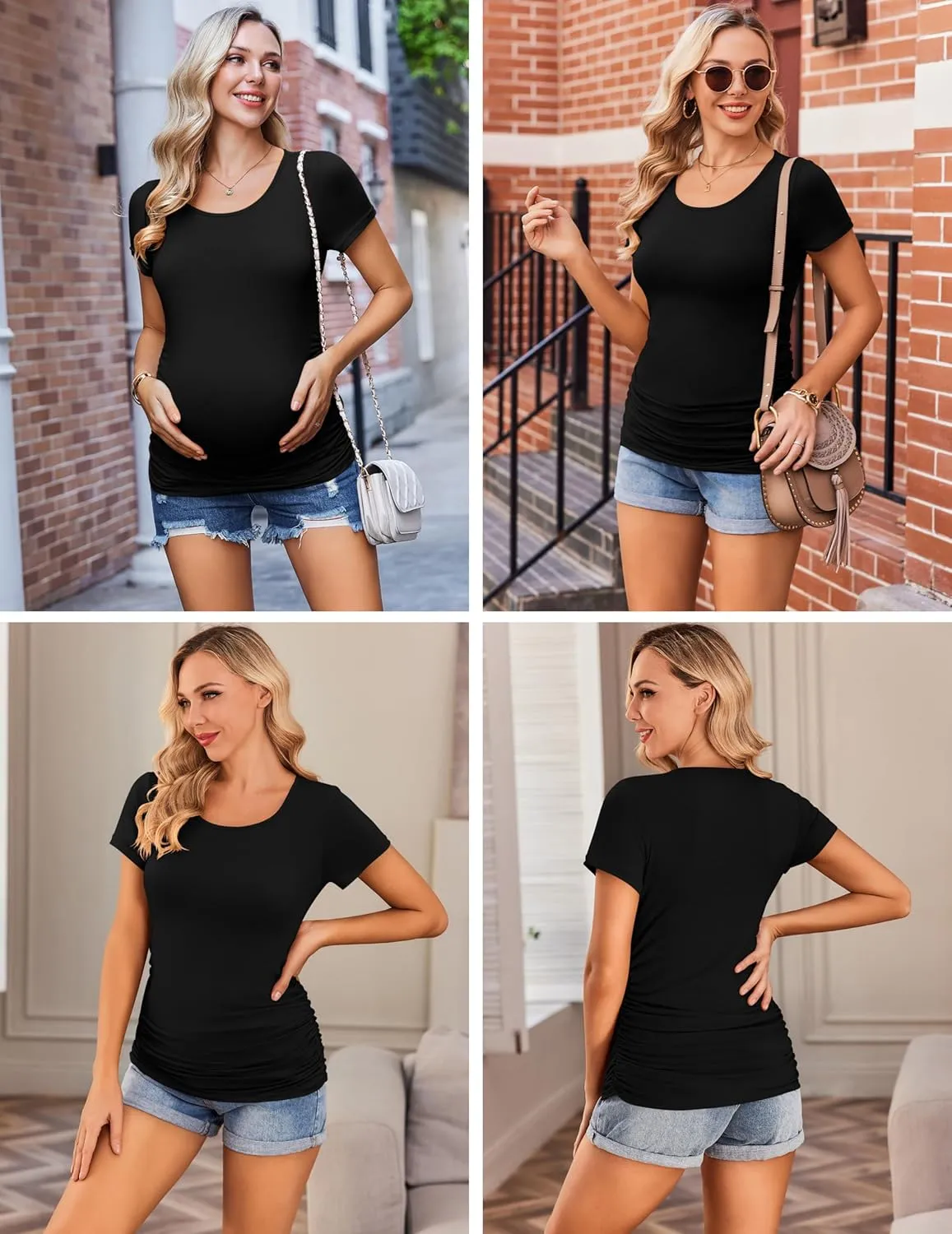 Ekouaer Womens Maternity Shirts 3 Packs Side Ruched Pregnancy Tee Top Tunic Blouse Casual Mama Clothes S-XXL