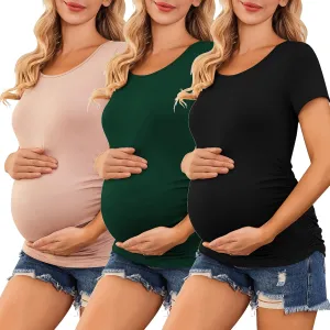 Ekouaer Womens Maternity Shirts 3 Packs Side Ruched Pregnancy Tee Top Tunic Blouse Casual Mama Clothes S-XXL