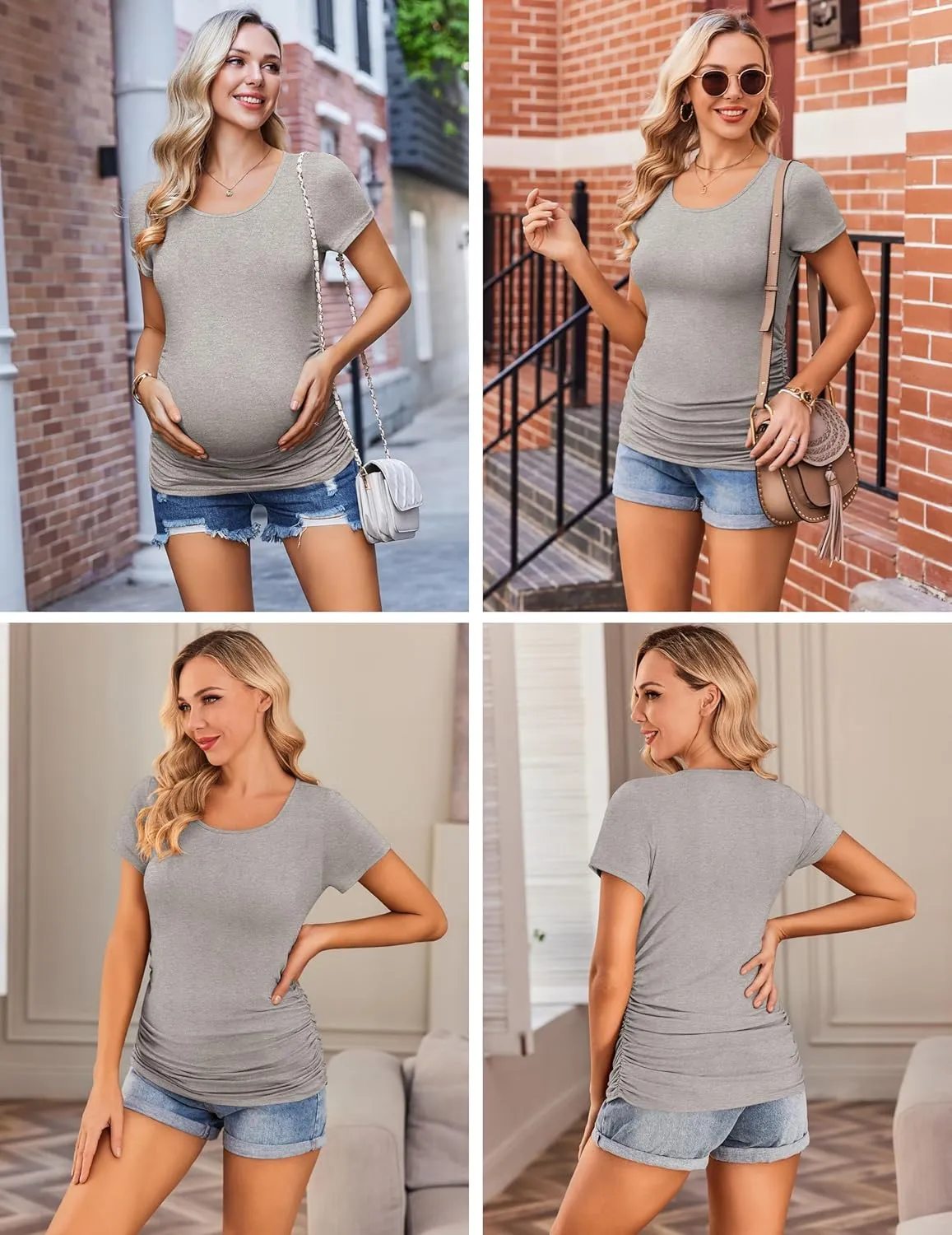 Ekouaer Womens Maternity Shirts 3 Packs Side Ruched Pregnancy Tee Top Tunic Blouse Casual Mama Clothes S-XXL