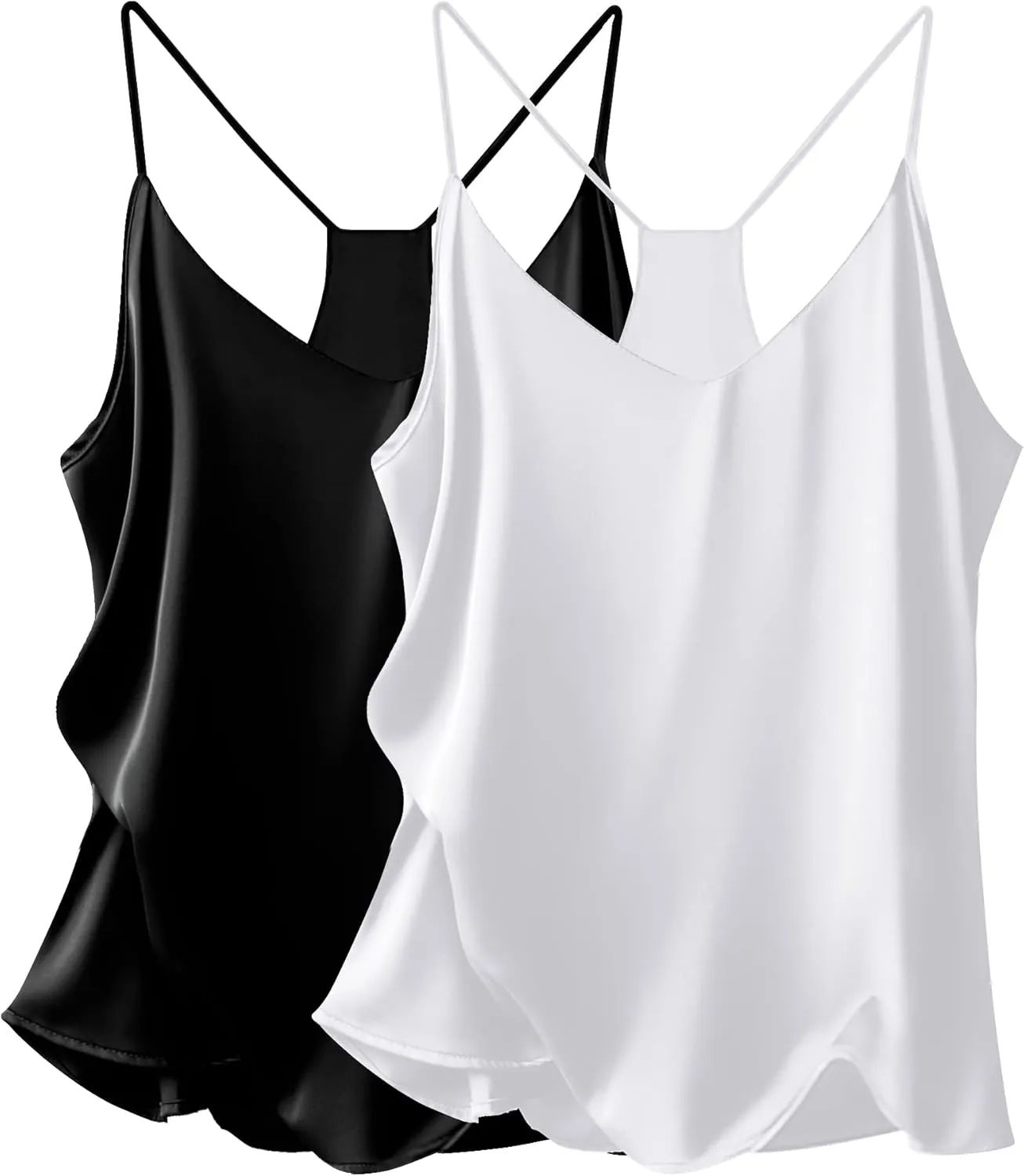 Ekouaer Womens Silk Satin Cami Tops 2 Pack V Neck Blouse Spaghetti Strap Summer Basic Camisole Tank Top