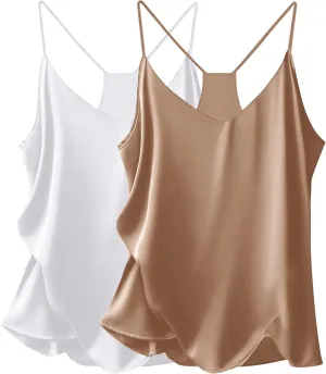 Ekouaer Womens Silk Satin Cami Tops 2 Pack V Neck Blouse Spaghetti Strap Summer Basic Camisole Tank Top